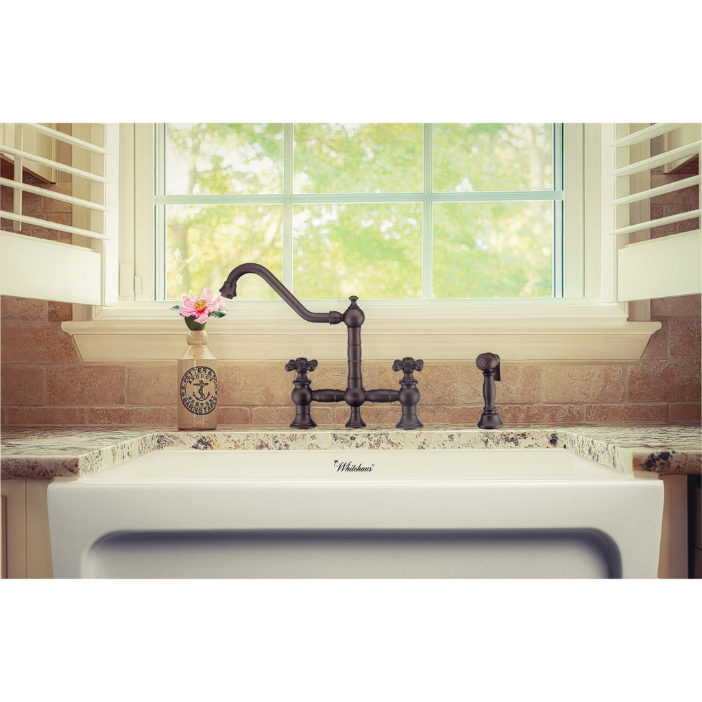 Oil Rubbed Bronze Bridge Faucet with Cross Handles and Side Spray A2231