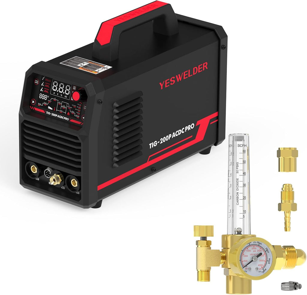 200A AC/DC Aluminum Tig Welder with Pulse Large LED Display Digital Inverter STICK/TIG 110/220V Dual Voltage Mig Tig Flow Meter Gas Regulator Gauge E125315