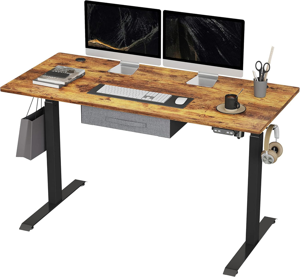 Adjustable Height Electric Standing Desk with Drawers, 48x24 Inches, Black Frame/Black Top T950