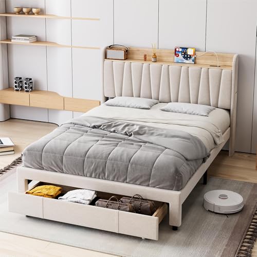 Beige Queen Size Upholstered Platform Bed Frame with Storage Headboard and Drawers M416