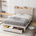 Beige Queen Size Upholstered Platform Bed Frame with Storage Headboard and Drawers M416