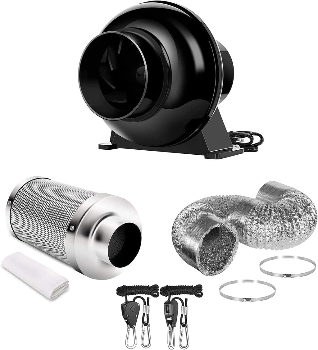 4 Inch 195 CFM Inline Fan Circulation Vent Blower with Carbon Filter, 8 Feet Ducting, 1-Pair Rope Combo, Pack of 2 H497