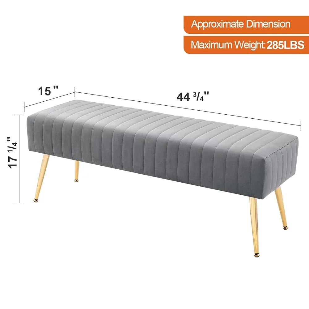 Grey Upholstered Tufted Striped Fabric Bench with Metal Legs J7161
