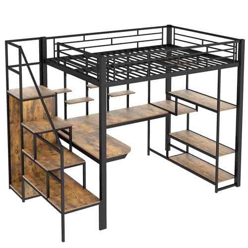 Black Metal Loft Bed with Desk and Stairs M784
