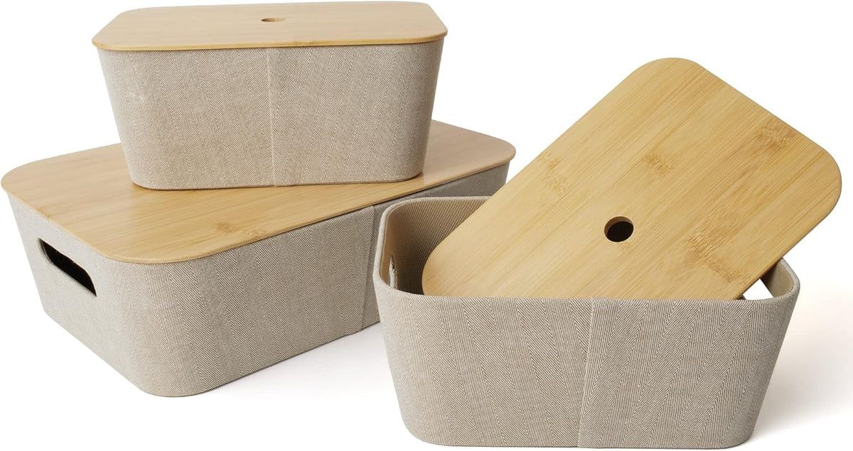 Mid-Century Modern Storage Basket with Bamboo Lids, Set of 3, Light Gray P8210