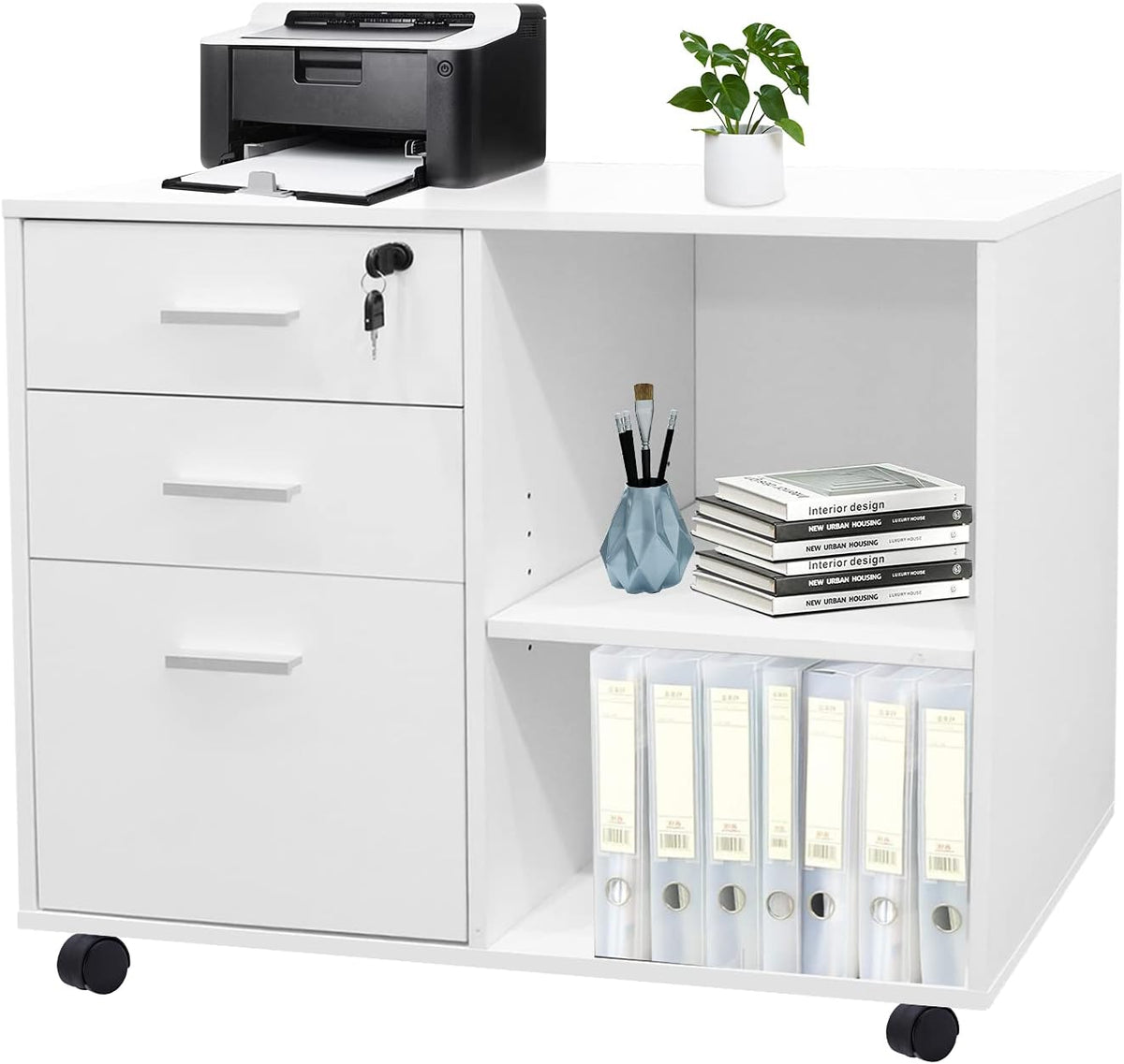 White 3-Drawer Wood File Cabinet with Lock R69042