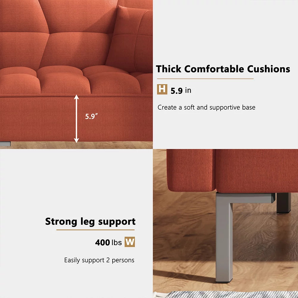 Orange Convertible Folding Futon Sofa Bed with 2 Pillows P5195