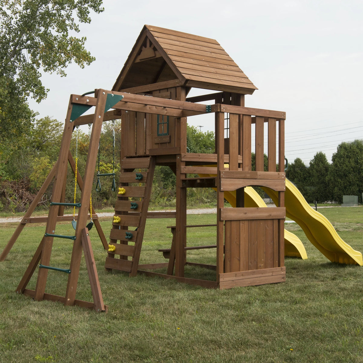 Wooden Backyard Swing Set with Two Yellow Wave Slides M172589