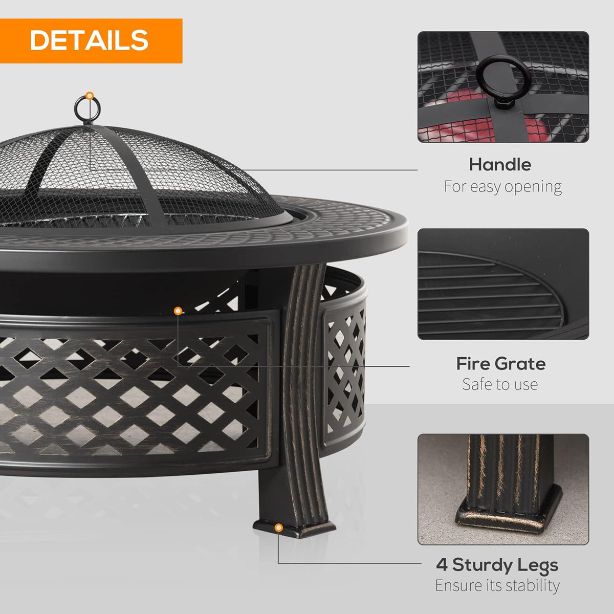 32 Outdoor Wood Burning Fire Pit with Grill, Spark Screen, Poker, Rain Cover, Black Z9791