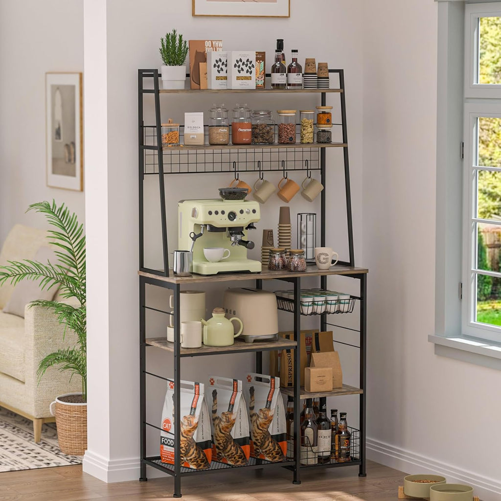 35.8" Large Farmhouse Coffee Station with 12 Hooks and Pull-Out Wire Basket, Coffee Bar Cart Table with Storage Shelves Rustic Brown V346685