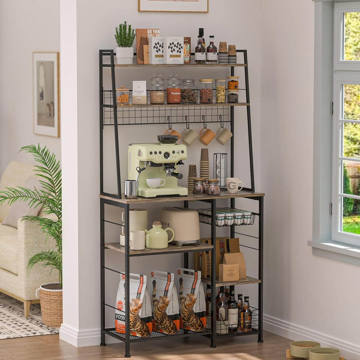 35.8" Large Farmhouse Coffee Station with 12 Hooks and Pull-Out Wire Basket, Coffee Bar Cart Table with Storage Shelves Rustic Brown V346685