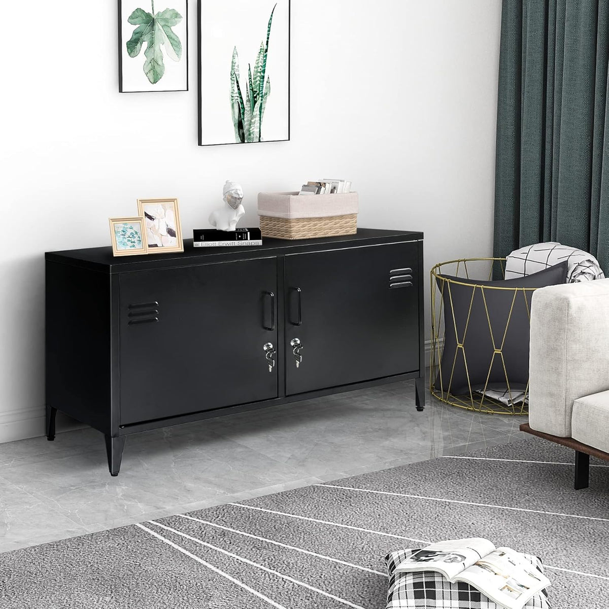 Black 2 Door Metal Storage Cabinet with 2 Shelves W6776