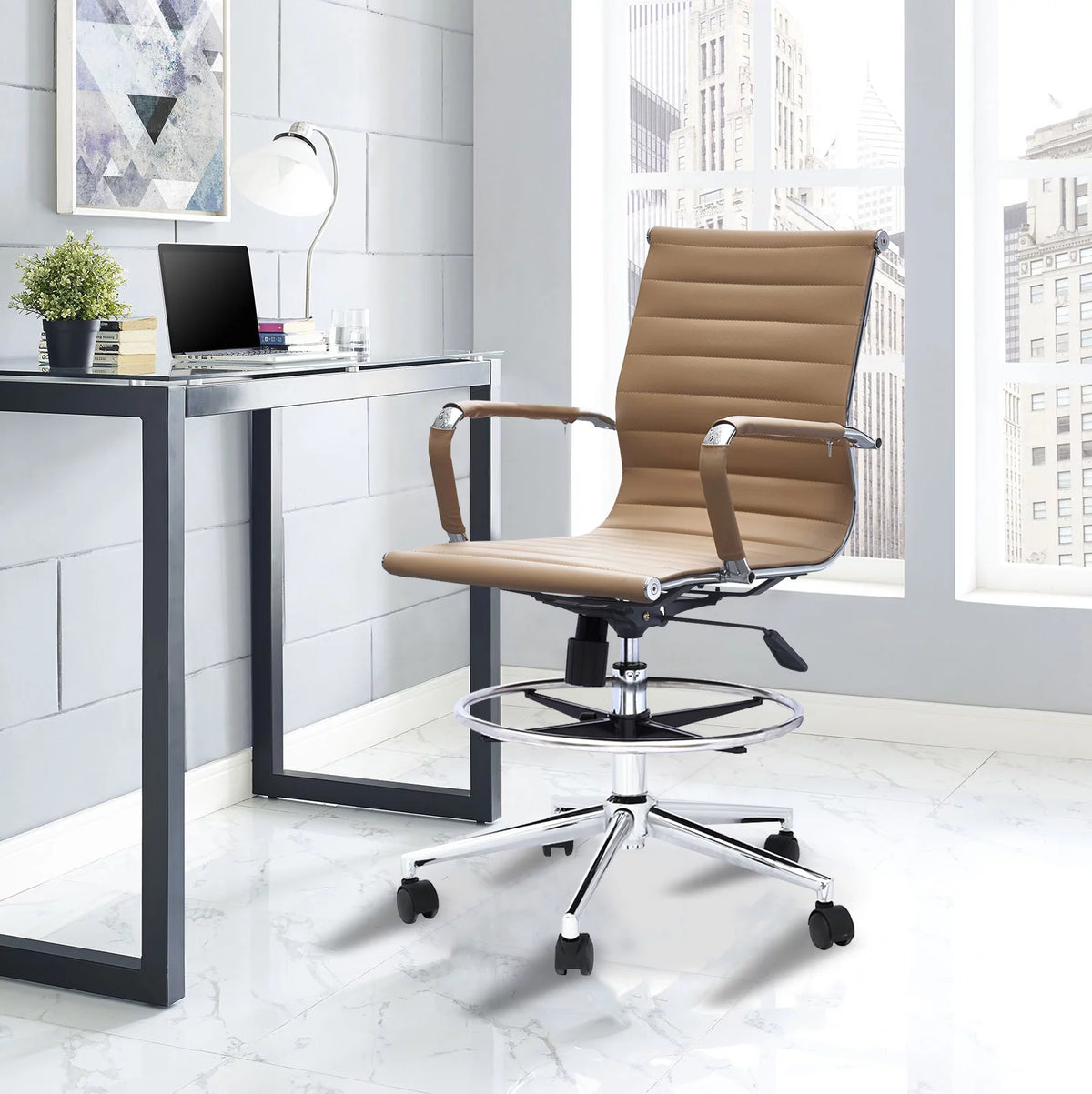 Tan Ribbed Drafting Chair with Wheels and Arms B57754