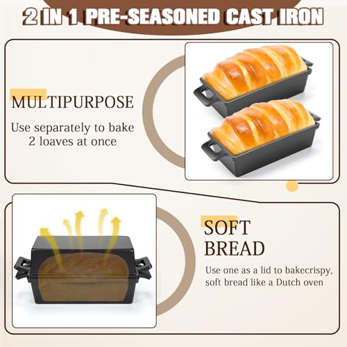 2 Piece 10 x 5 Inches Cast Iron Bread Pan with Lid Loaf Pans Set D76117