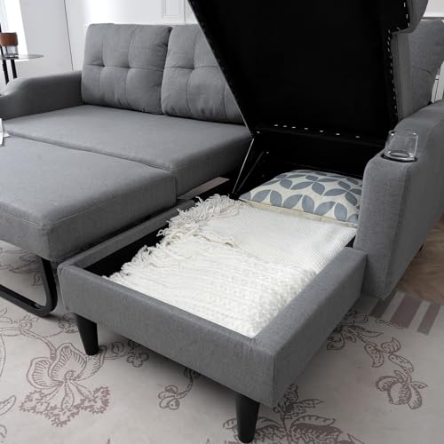 Brown L-Shaped Sleeper Sofa with Cup Holders J251373