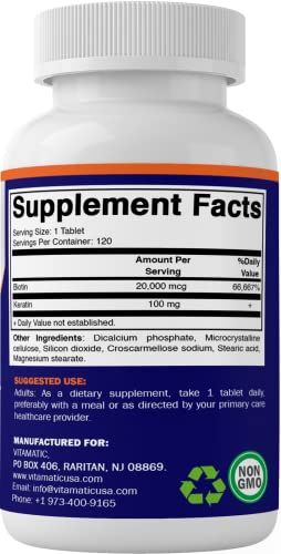 Biotin 20000 mcg with Keratin 100mg - 120 Vegetarian Tablets L764362