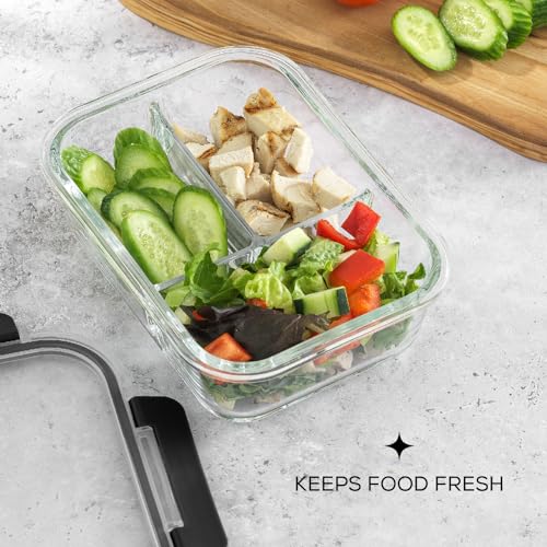 5 Pack Glass 3 Compartment Meal Prep Containers with Lids G7708