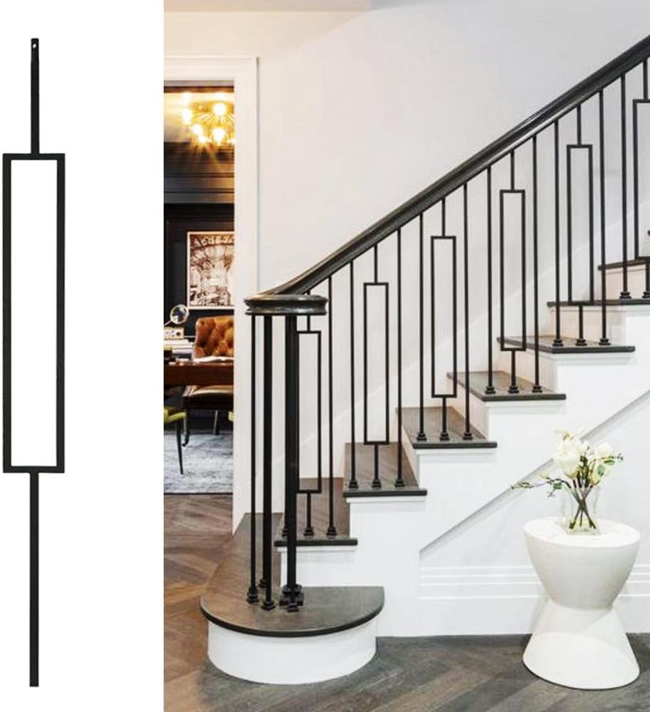 Satin Black Wrought Iron Balusters, Set of 10, Hollow Rectangle Iron Spindles P6940