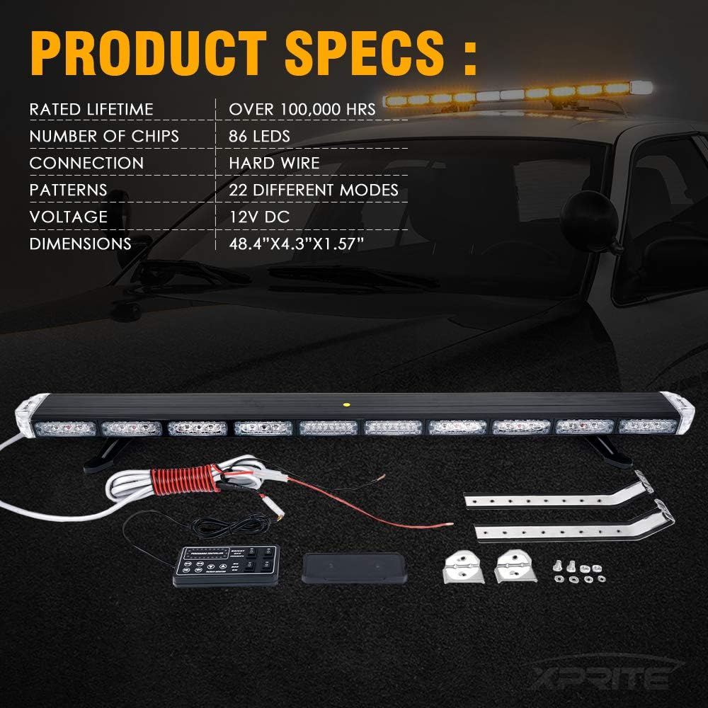 48 White Amber Emergency Strobe Light Bar LED Lightbar with Adjustable Brackets A56469