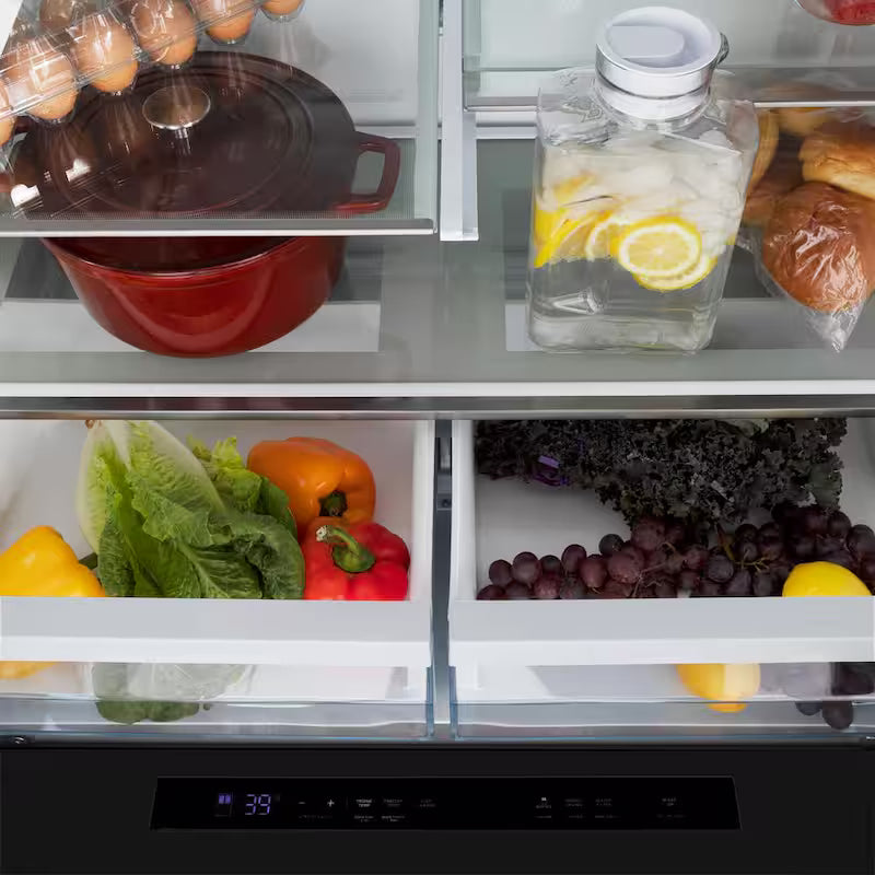 36 in. 4-Door French Door Refrigerator with Ice & Water Dispenser in Black Stainless & Polished Gold M673