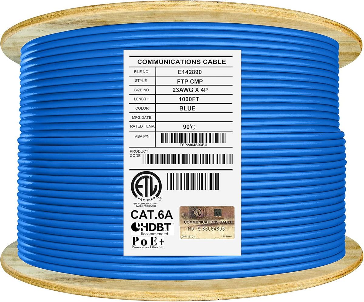 Cat6A Shielded Plenum 1000ft FTP 23AWG 650MHz Solid Pure Copper Bulk Ethernet Cable Reel Orange D38791
