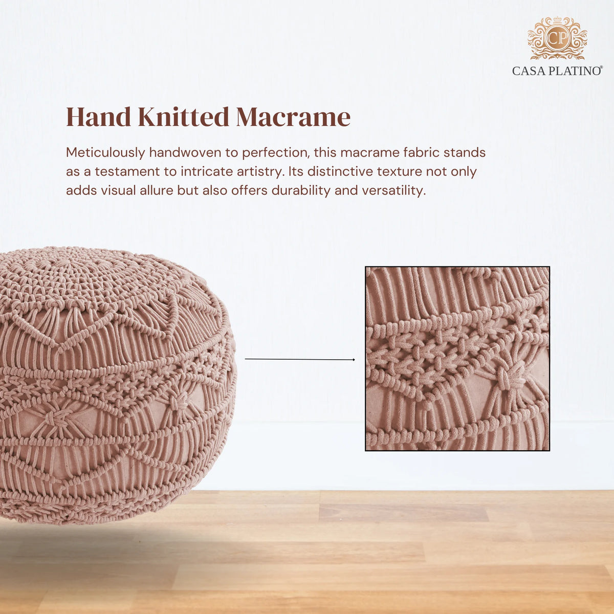 Dusty Pink Hand Knitted Macrame Pouf Ottoman F883768