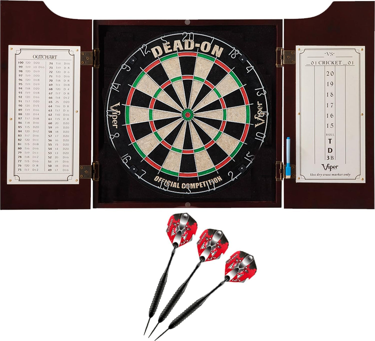 Solid Wood Cabinet with Sisal Bristle Dartboard Bundle with Steel-Tip Dart Set and Dry Erase Scoreboard G86050