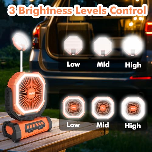 Camping Fan with Led Lantern, 20000mah Rechargeable Battery, 4 Speed with Remote, Auto Oscillation, 360° Rotation Hook, Orange X304