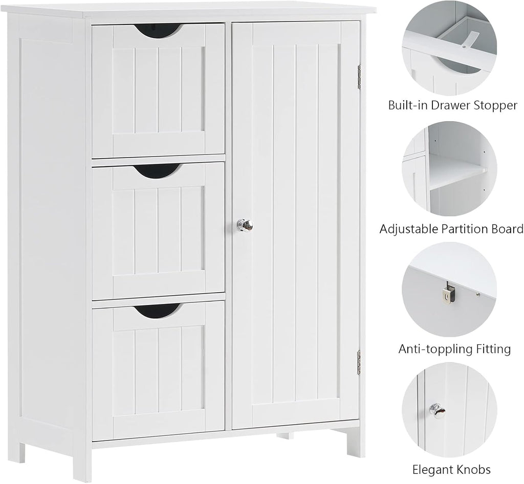 White Wooden Freestanding Bathroom Floor Cabinet with 1 Cupboard and 3 Drawers E4944