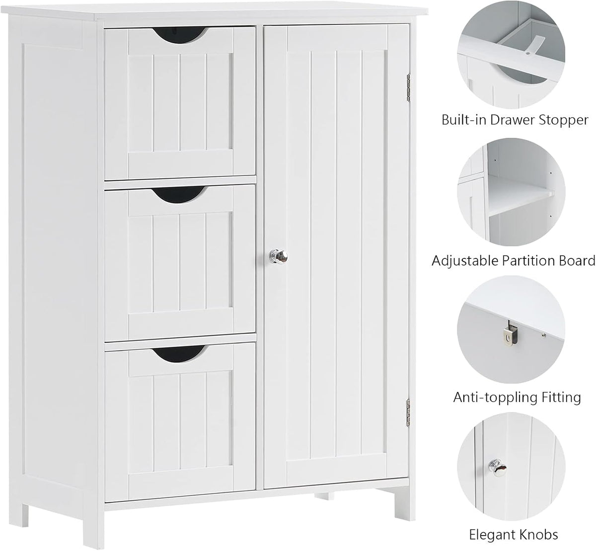 White Wooden Freestanding Bathroom Floor Cabinet with 1 Cupboard and 3 Drawers E4944