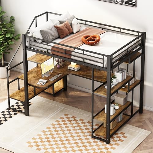 Black Metal Loft Bed with Desk and Stairs M784