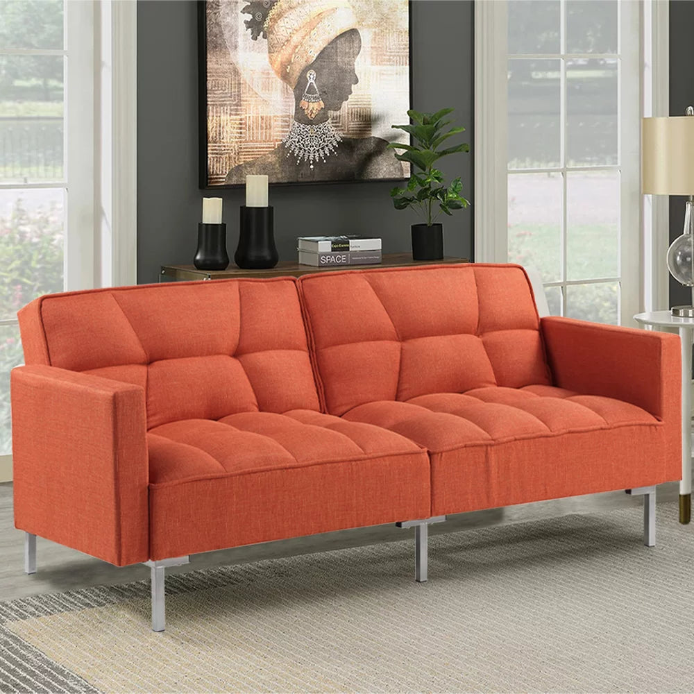 Orange Convertible Folding Futon Sofa Bed with 2 Pillows P5195