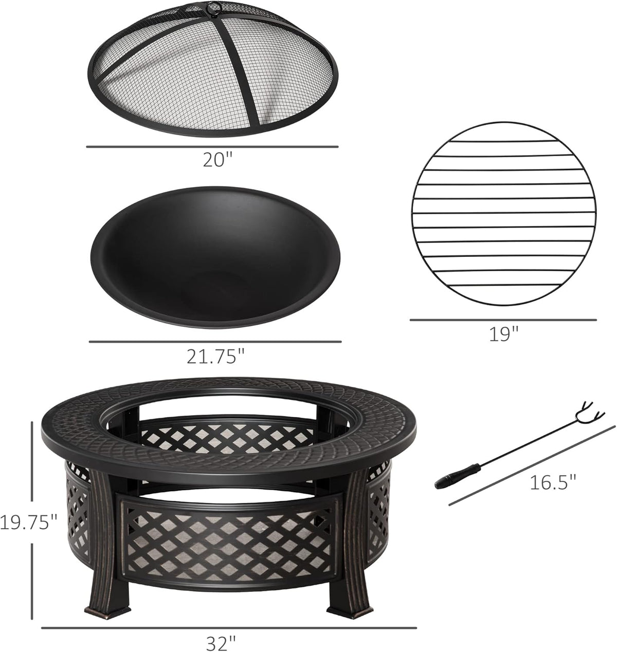 32 Outdoor Wood Burning Fire Pit with Grill, Spark Screen, Poker, Rain Cover, Black Z9791