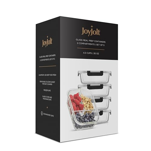 5 Pack Glass 3 Compartment Meal Prep Containers with Lids G7708