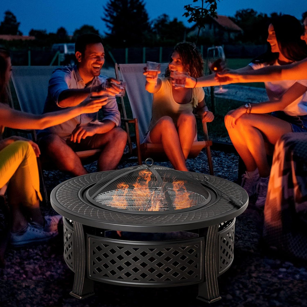 32 Outdoor Wood Burning Fire Pit with Grill, Spark Screen, Poker, Rain Cover, Black Z9791