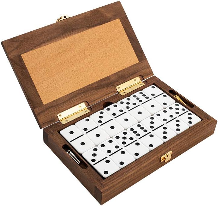 Luxury Domino Set with Walnut-Framed Beechwood Case & Cribbage / Counter Top - 28 Double-Six Dominoes B16849