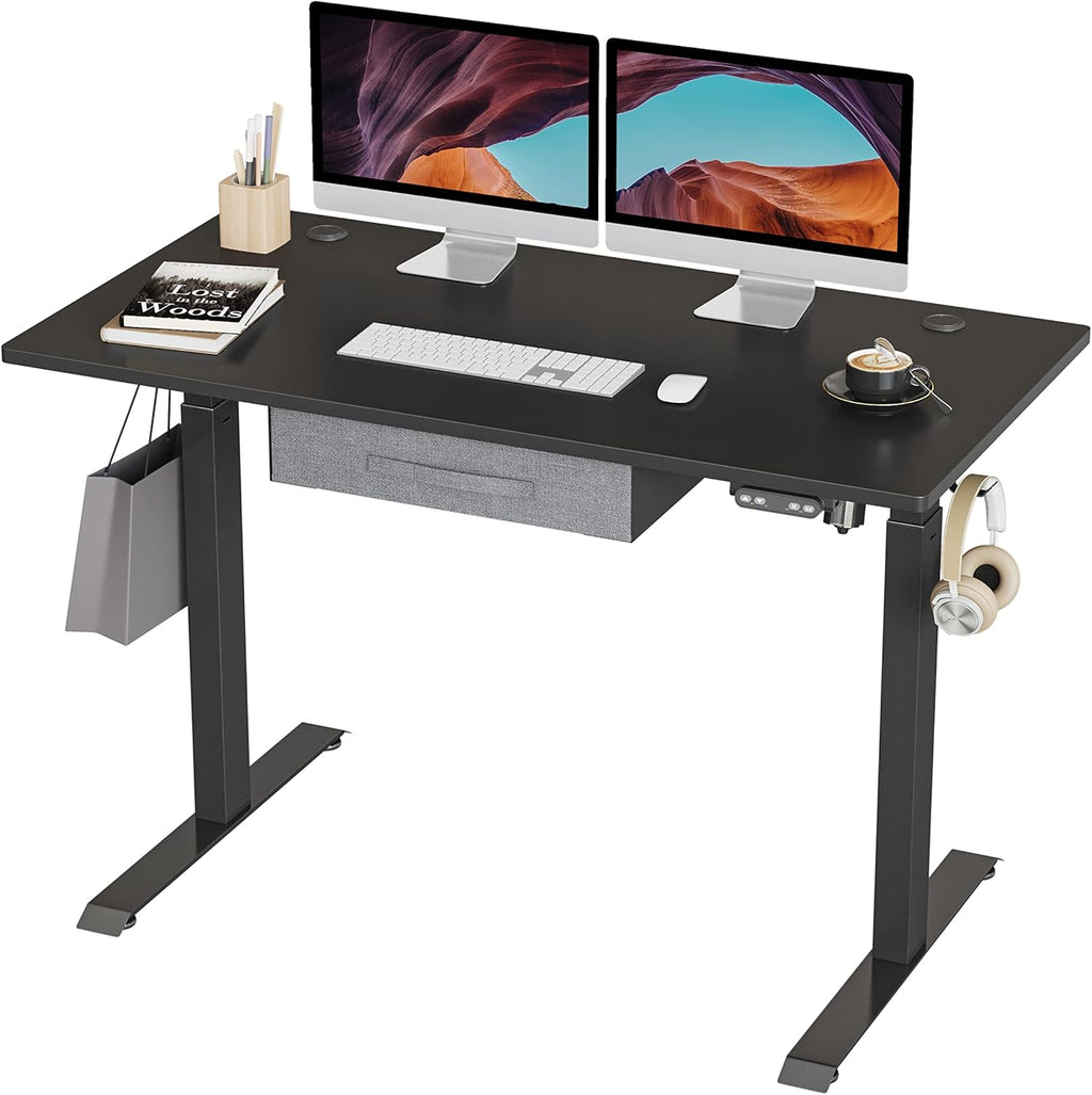Adjustable Height Electric Standing Desk with Drawers, 48x24 Inches, Black Frame/Black Top T950