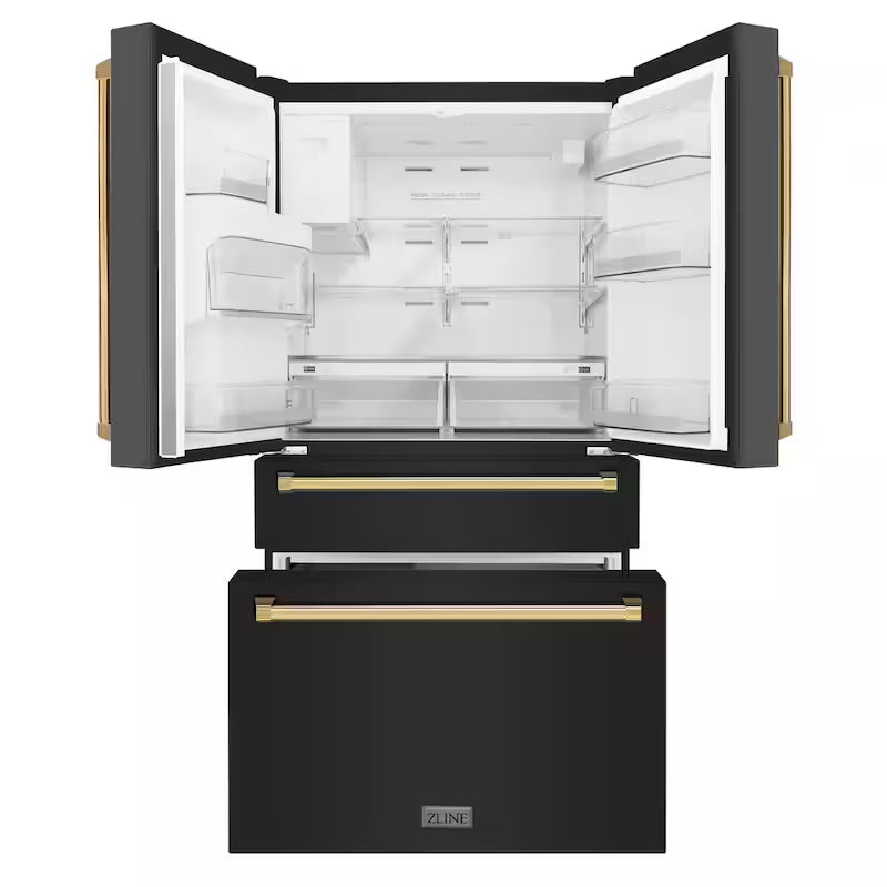 36 in. 4-Door French Door Refrigerator with Ice & Water Dispenser in Black Stainless & Polished Gold M673