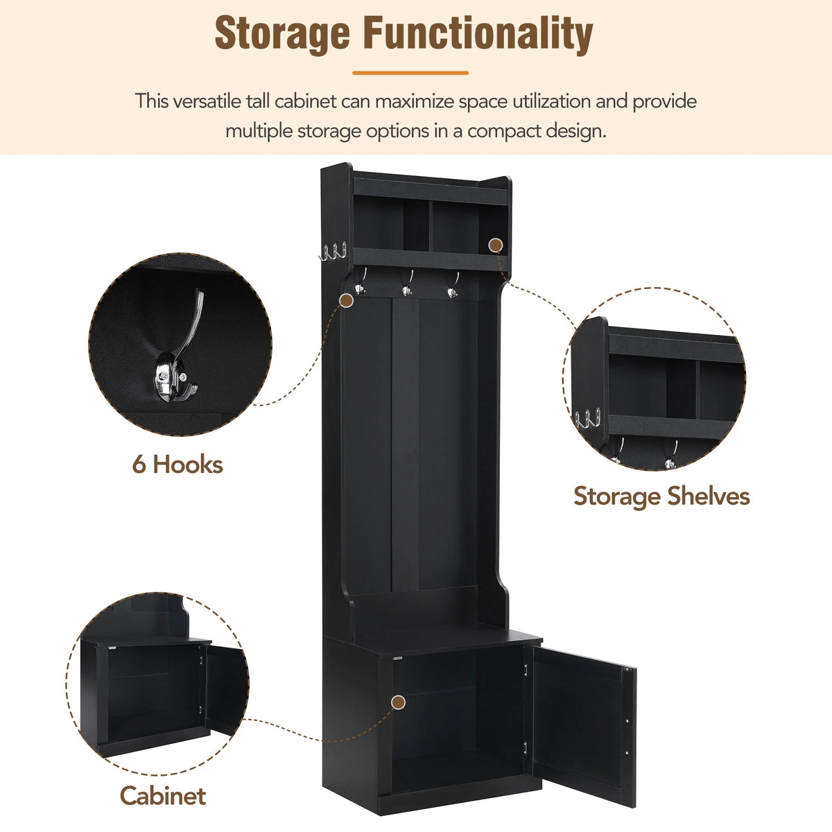 Multi-functional Hall Tree with Cabinet & 6 Hooks V612903