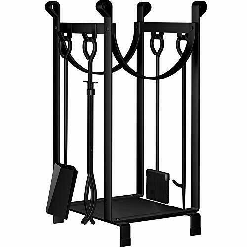 30.7in Tall Black Wrought Iron Fireplace Log Rack with 4 Tools H937