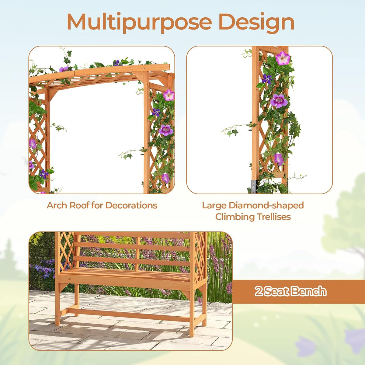 Wooden Garden Arbor with Bench H61663
