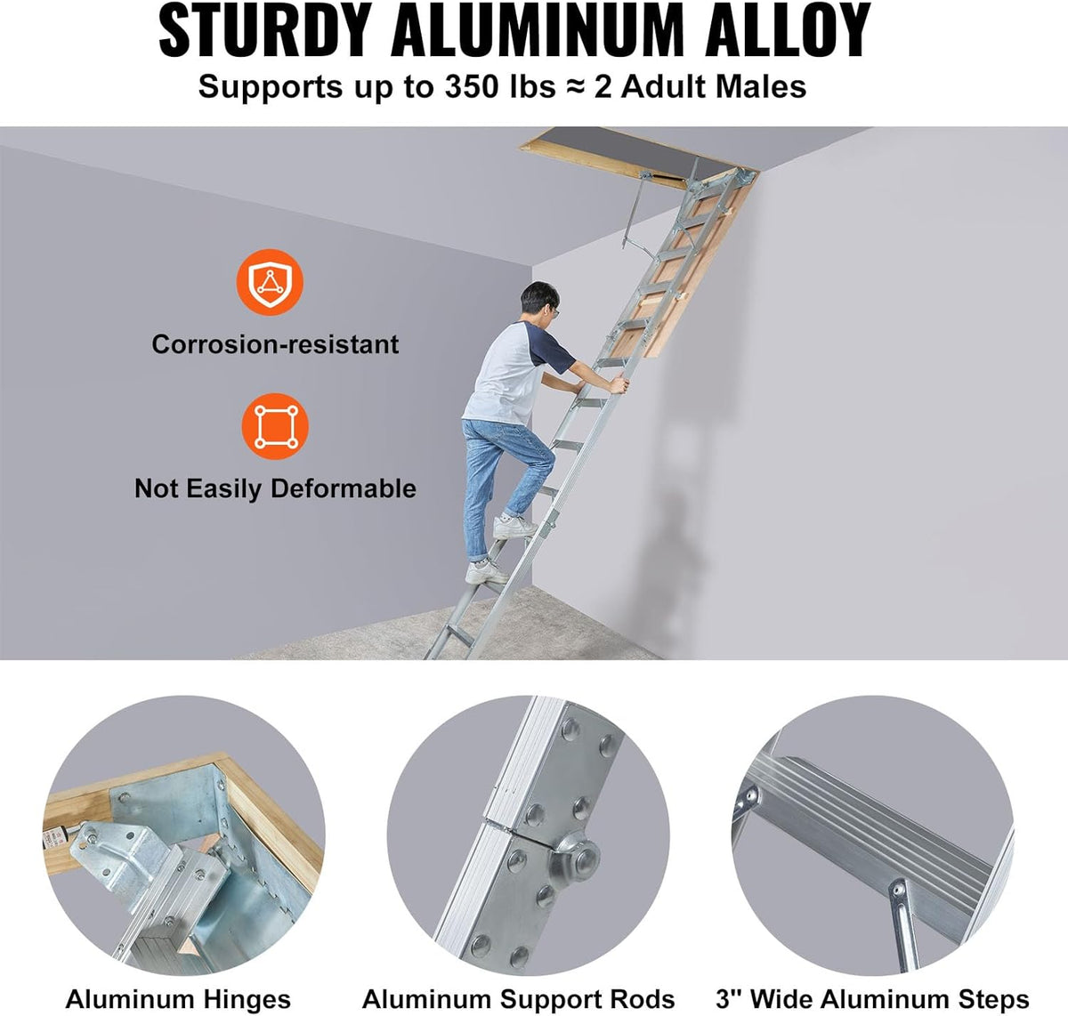 Attic Ladder, 350-pound Capacity, 22.5" x 63", Aluminium Extension P868972