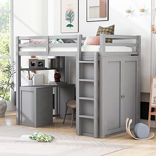 Full Size Solid Wood Loft Bed with Desk and Wardrobe S55881