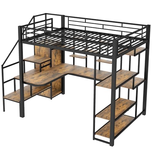 Black Metal Loft Bed with Desk and Stairs M784