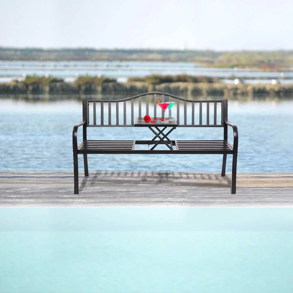 Black Outdoor Bench with Pullout Middle Table Q44424