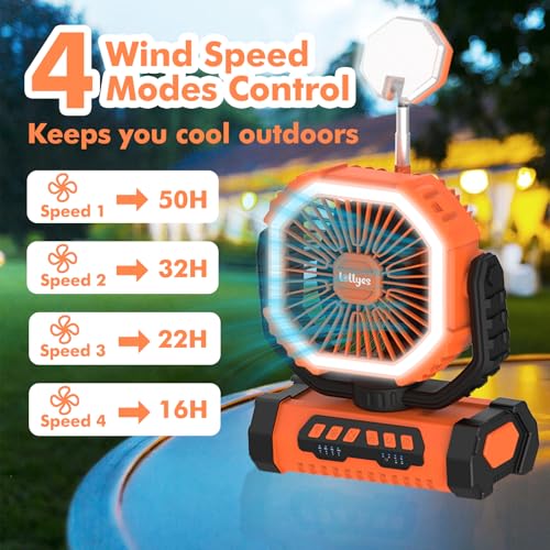 Camping Fan with Led Lantern, 20000mah Rechargeable Battery, 4 Speed with Remote, Auto Oscillation, 360° Rotation Hook, Orange X304