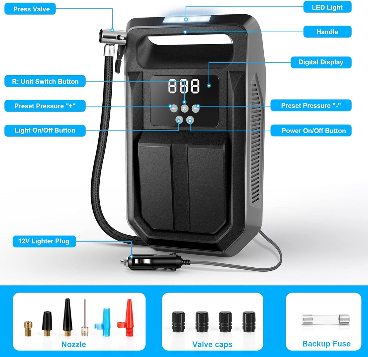 Portable 12V DC Air Compressor with Digital Display O100