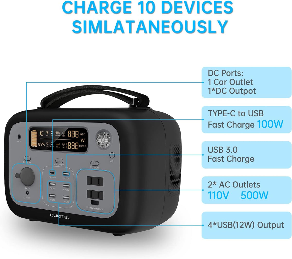 Portable Power Station 500Wh 500W Solar Generator V69401