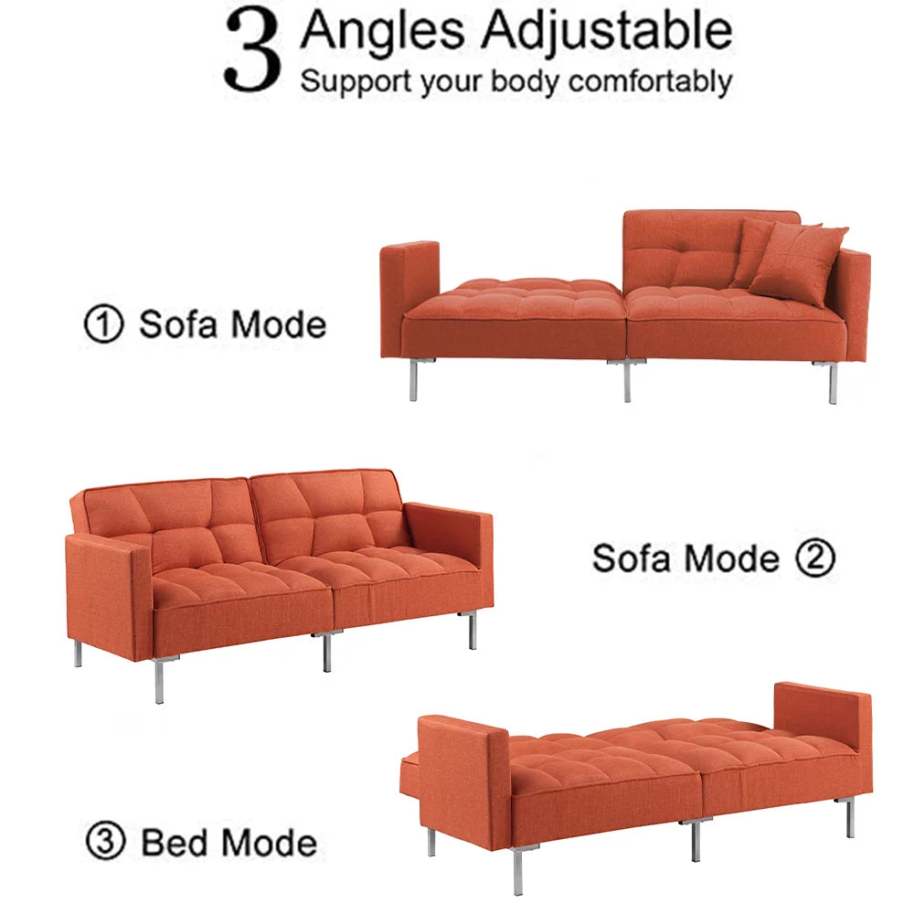 Orange Convertible Folding Futon Sofa Bed with 2 Pillows P5195