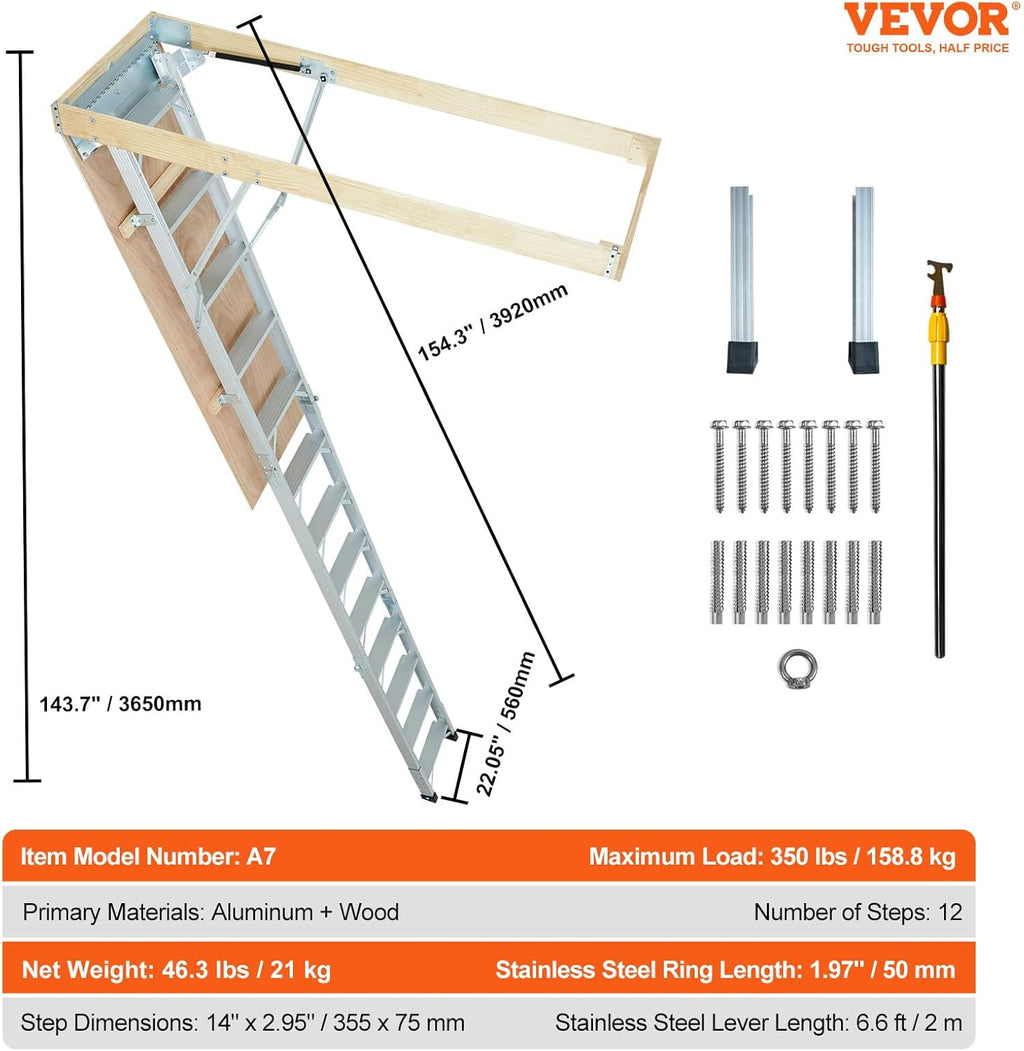Attic Ladder, 350-pound Capacity, 22.5" x 63", Aluminium Extension P868972